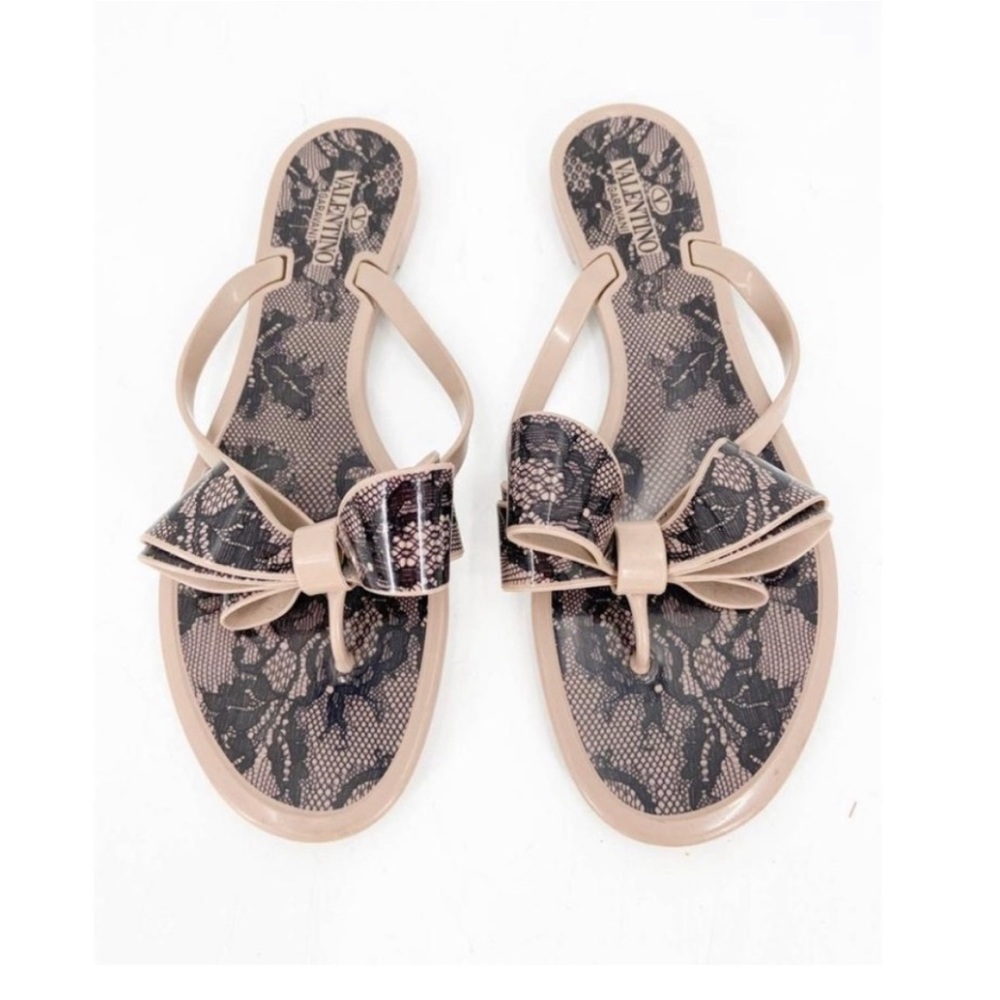 Limited, edition, Valentino, jelly, sandals (Poudre) black lace on tan, with bow